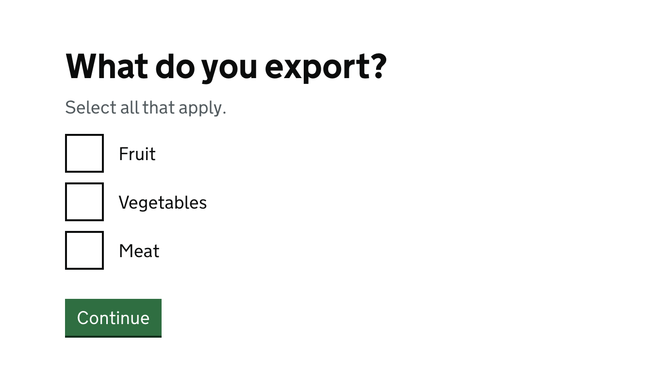 What do you export? Select all that apply. Checkboxes: Fruit Vegetables Meat. Button: Continue