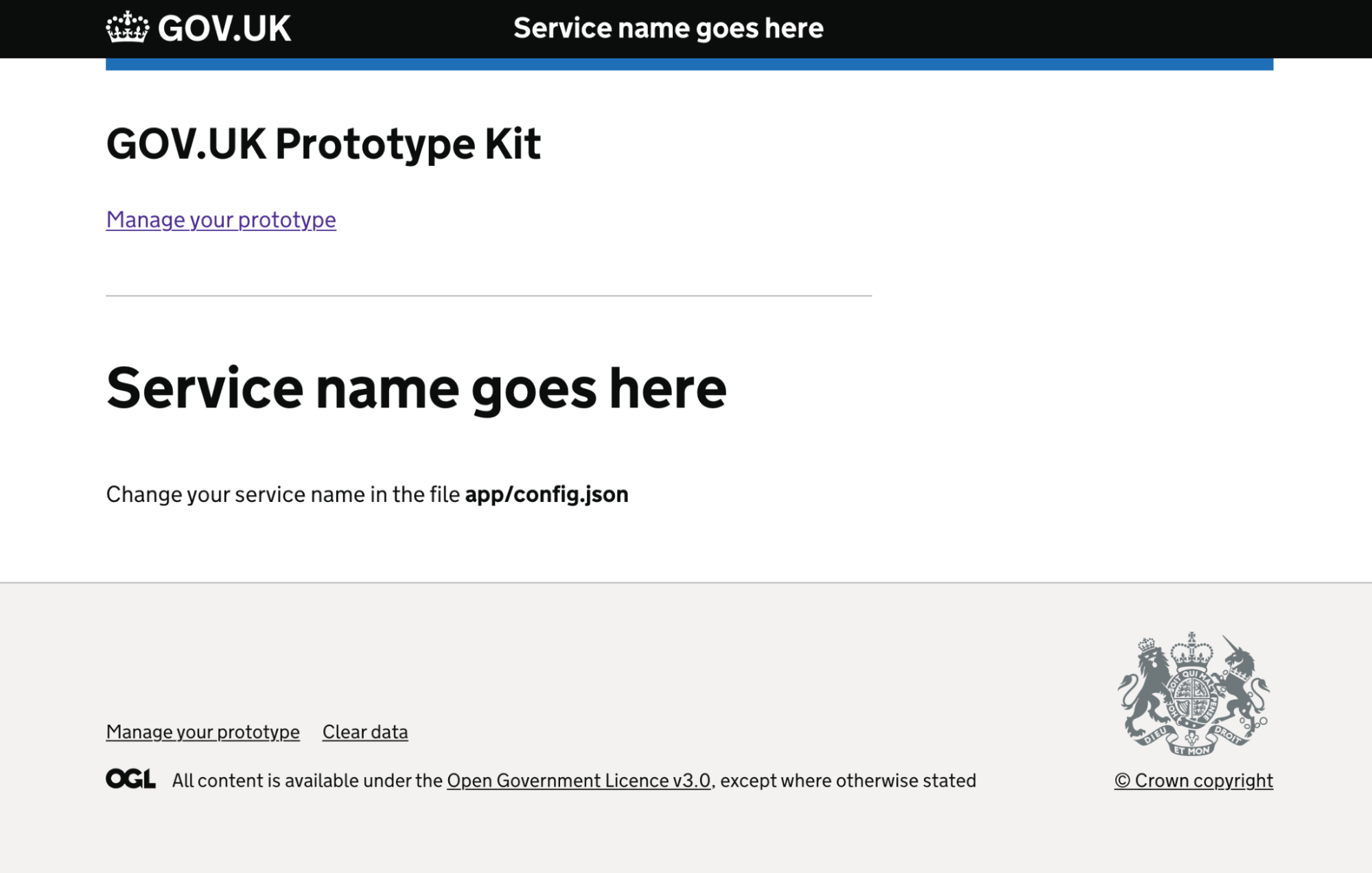 Heading GOV.UK Prototype Kit, link Manage your prototype, Heading Service name goes here, text Change your service name in the file app/config.json