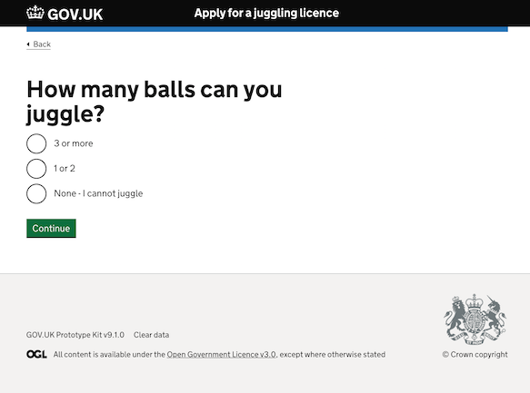 Web page with the heading "How many balls can you juggle?", 3 radios and a continue button